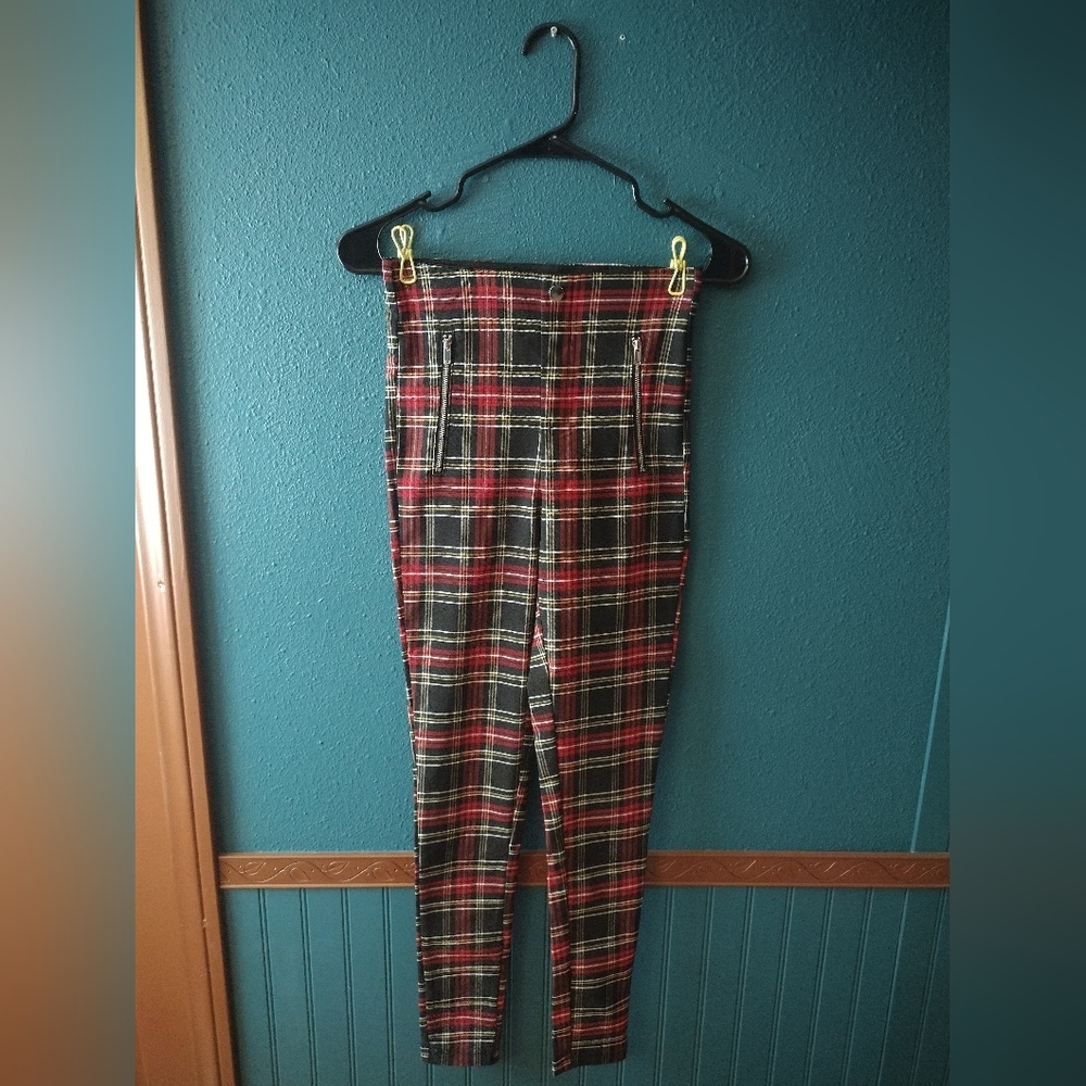 Zara Red and Black tartan Plaid High-Waisted Skinny Pants